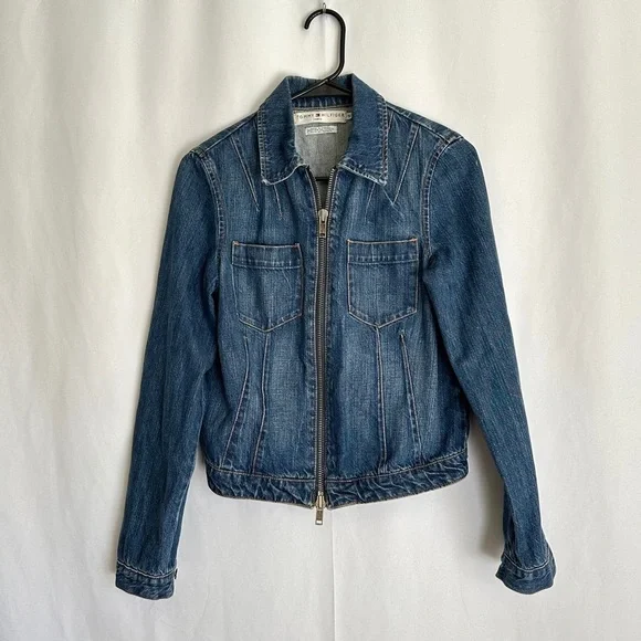 Tommy Hilfiger Women's Nautical Print Long Sleeve Full Zipper Denim Jacket sz SP - Picture 2 of 15